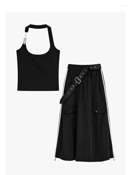 Arbeitskleider 2000er-Jahre-Ästhetik Outfits 2-teiliges Rockset Schwarzes Neckholder-Top Hiphop-Mode A-Linien-Röcke mit Gürtel Clubwear Gyaru Punk Gothic