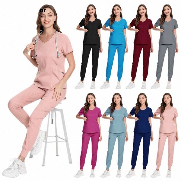 Multicolor Dottore Chirurgia Set Scrub Uniforme Donna Tinta unita Abiti da lavoro Tessuto elasticizzato Infermieristica Abbigliamento da lavoro Scollo a V TopJogger Pant r9CQ #