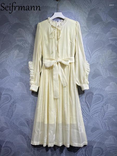 Повседневные платья Seifrmann, высокое качество, летняя женская мода, однотонное платье для подиума, с длинными рукавами-фонариками, пояс с бантом, жаккардовые большие качели