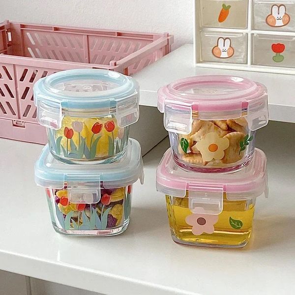 Vorratsflaschen mit Blumendruck, Lebensmittelbehälter, Mini-Glas, versiegelte Schüssel, Lunchbox, Ergänzungsdichtung, auslaufsicher, Frischhaltung