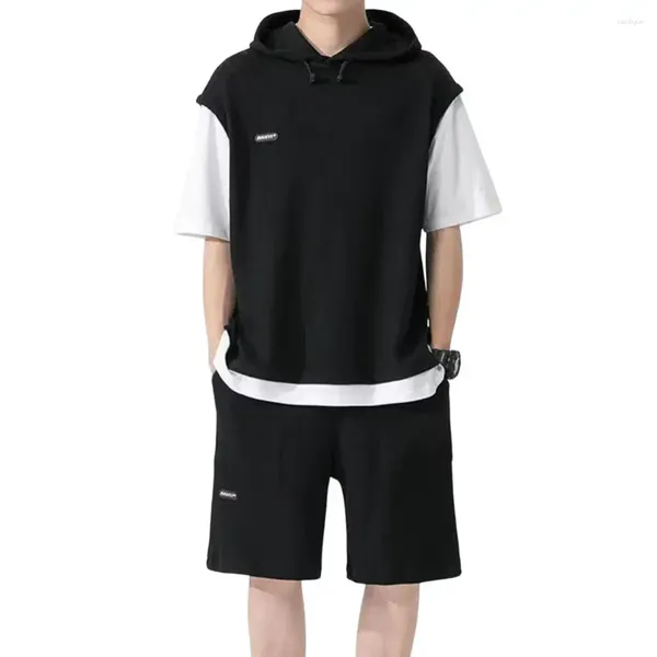 Fatos de treino masculinos roupa esportiva de verão com cordão com capuz top cintura elástica shorts waffle