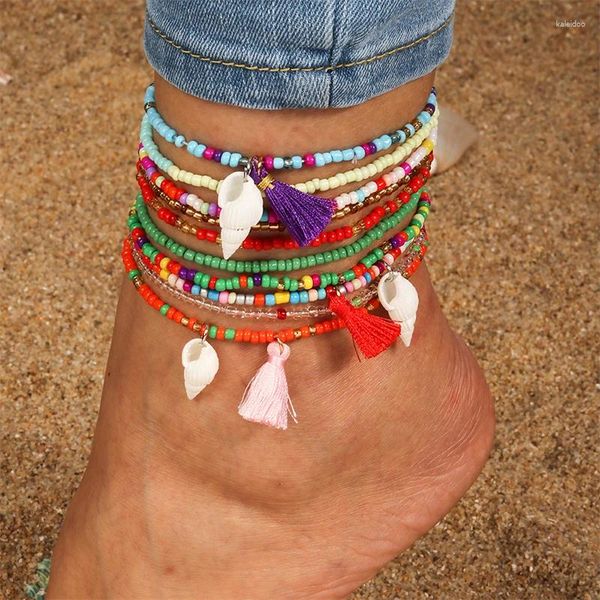 Fußkettchen Böhmische bunte handgemachte Perlen für Frauen Sommer Strand Muschel Knöchel Armband Fuß Bein Kette Mädchen Urlaub Schmuck Geschenke