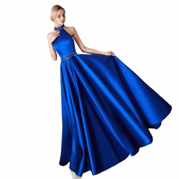 2023 Elegante più recente Royal Blue Halter Satin A-Line in rilievo con paillettes Lg Prom Dres Sleevel Backl Piano Lunghezza Prom Dres b6AE #