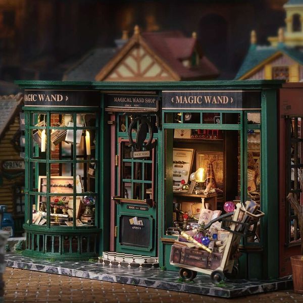 3D Puzzle DIY Doll Toy Magic Shop Kit de móveis em miniatura de madeira Modelo de construção Mini Creative Room House com LED Handmade Decoração de casa Presentes de artesanato,
