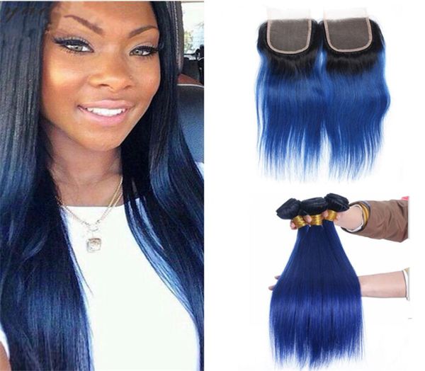 Peruano Ombre Azul Cabelo Virgem Pacotes com Fechamento de Renda 1B Azul Ombre Cabelo Humano Tece com Fechamento Superior 4 Pcs Lot5243037