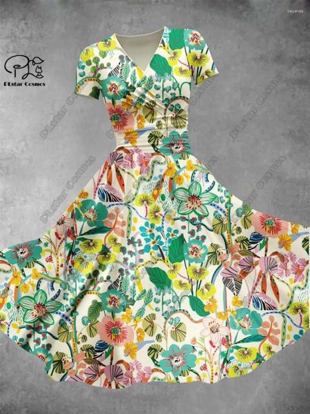 Vestidos casuais 3d impresso floral saia dia dos namorados série corpo inteiro decote em v vestido de manga curta a linha longa moda