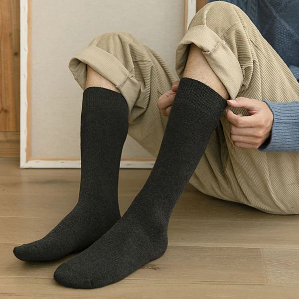 Мужские теплые носки, зимние толстые термобелье до колена, длинные снежные компрессионные чулки, закрывающие ноги, черные махровые носки до икры, мужские 240321