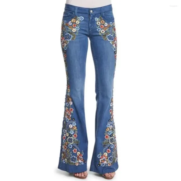Jeans da donna Pantaloni svasati alla moda vintage 2024 Autunno stile intellettuale Denim leggermente sfilacciato Vita media ricamato