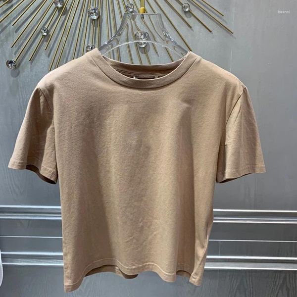 Mulheres camisetas Pure Cotton Khaki T-shirt para mulheres de alta qualidade cor sólida top 2024 o-pescoço manga curta tees senhora