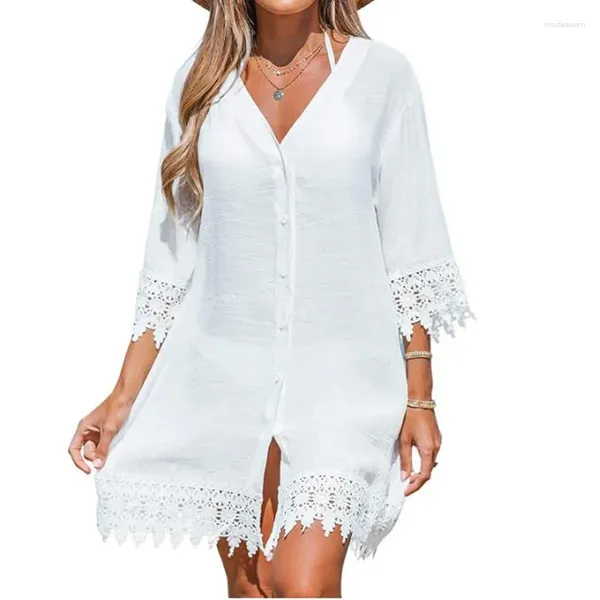 Casual Kleider Sommer Frauen Kleid Lose V-ausschnitt Aushöhlen Halbe Hülse Büro Strand Spitze Vestidos Weiß