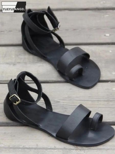 Sandalen Sommer Herren Echtes Leder Sandale Lässige Flache Schuhe Mode Schnalle Riemen Offene Spitze Atmungsaktive Strand Gladiator Männlich