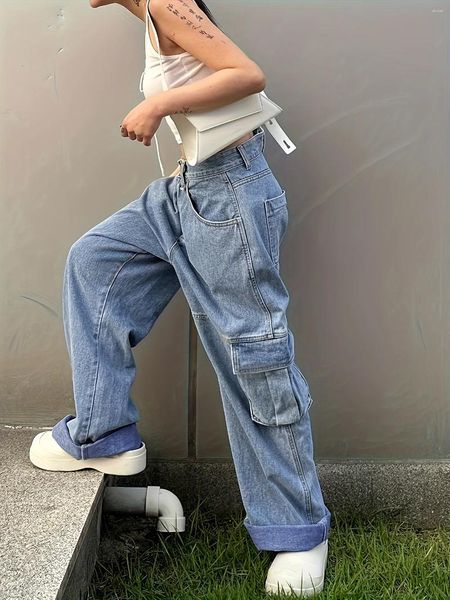 Jeans da donna Pantaloni cargo stile americano Y2K streetwear larghi Tasca grande su un lato singolo Design asimmetrico Denim a vita bassa