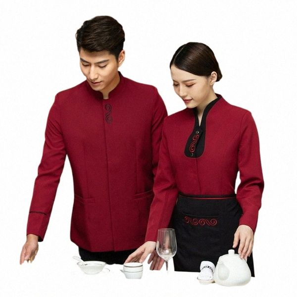 Hotel Garçom Workwear Lg Manga Outono e Inverno Roupas Estilo Chinês Catering Hot Pot Restaurante Feminino Frt Desk Uniforme p4sy #