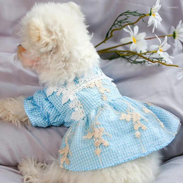 Vestidos de vestuário de cão vintage laço azul xadrez vestido caber pequeno filhote de cachorro pet gato bordado malha fio saia bonito traje roupas