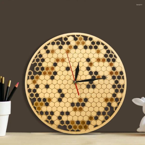 Orologi da parete Forma rotonda a nido d'ape Design unico Orologio in legno naturale Hexagon Art Wood Bee Honey Collection