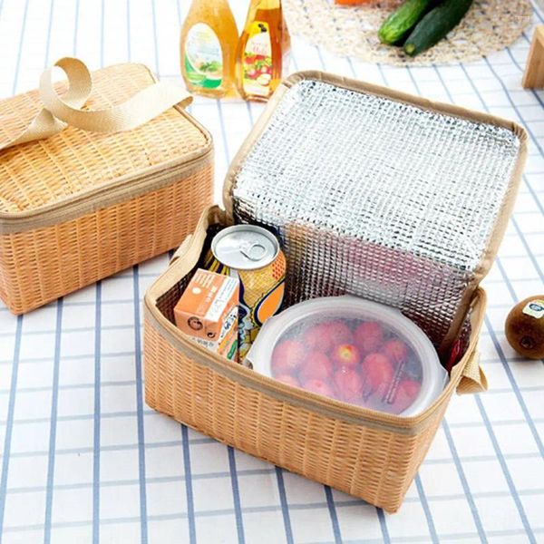 Stoviglie Simil rattan Borsa per il pranzo Borsa termica isolata per esterni Borsa portatile di grande capacità Creativa ecologica per le vacanze del fine settimana