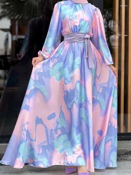 Этническая одежда Ид Мусульманское платье для женщин Сладкий принт Джалабия Абая Атласный кафтан Вечерние платья Рамадан Абаяс Кафтан Дубай Арабский длинный халат