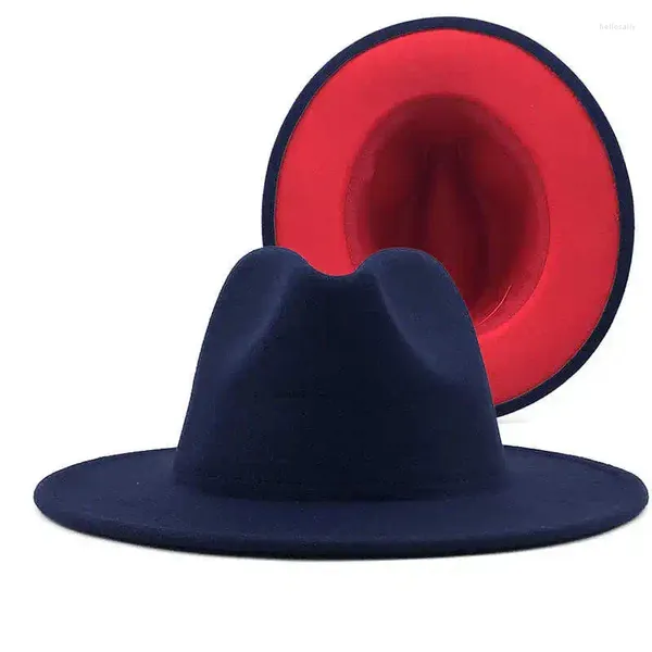 Berets exterior marinho unisex e vermelho lã interior feltro jazz fedora chapéus com fivela de cinto fino homens mulheres aba larga panamá trilby boné l xl