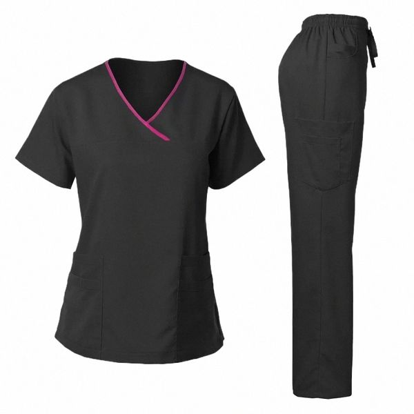 Uniforme médico na moda feminino esfrega conjunto estiramento macio y-pescoço calças superiores hospital pet clínica médico traje ctrasting cores i2fa #