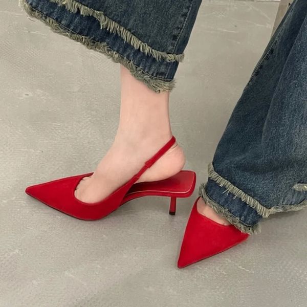 Bayan Seksi Kırmızı Yüksek Topuklu Yaz Strappy Sandallar Konforlu Saçlı Toe Kadınlar Stiletto Ayakkabı 1762N 240329
