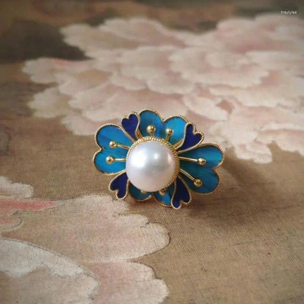 Anelli a grappolo S925 Doratura in argento Cloisonne Begonia Impreziosito Anello con perle floreali Perle di mare aperto artistiche retrò