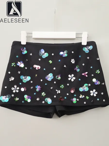 Pantaloncini da donna AELESEEN Estate di alta qualità Nero Donna Design Moda Fiore Ricamo Paillettes Cristallo Diamanti Vacanza casual