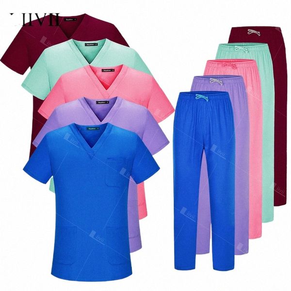 Branco roupas médicas médico enfermeira uniforme cirúrgico esfrega conjunto clínico workwear dentista macacão beleza sal workwear terno veterinário l1R8 #