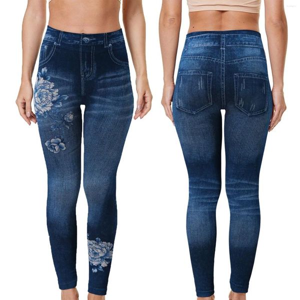 Leggings da donna Pantaloni da donna Jean Pant finto denim floreale Pantaloni da yoga da donna lunghezza alta maternità con tasche per