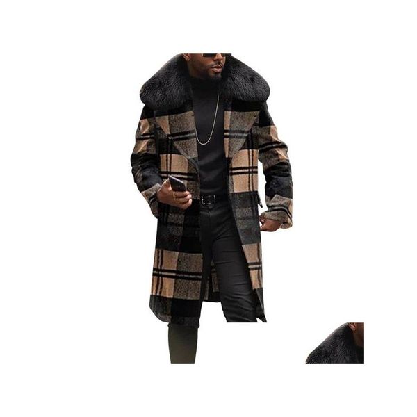 Misto lana da uomo Cappotto scozzese da uomo con collo in pelliccia grande Cappotto trench di lusso per uomo Controllare giacche lunghe di lana Alla moda di grandi dimensioni D Dhgk3