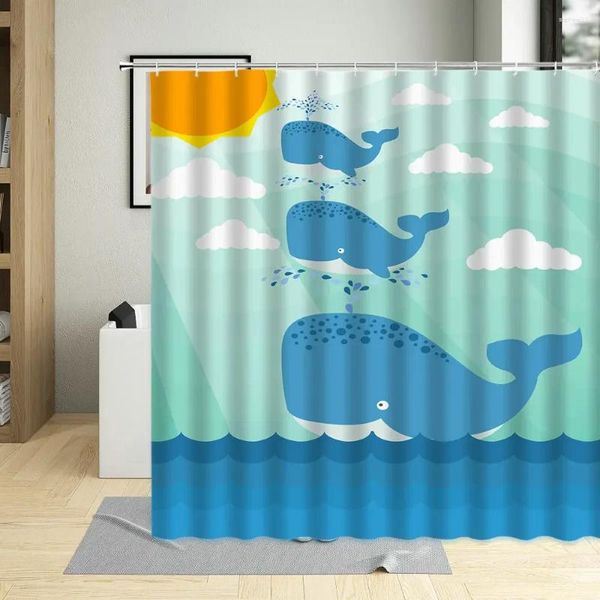 Tende da doccia Animali marini Set di tende Balena sorridente Cartoon Illustrazione per bambini Bagno per arredamento soggiorno con ganci