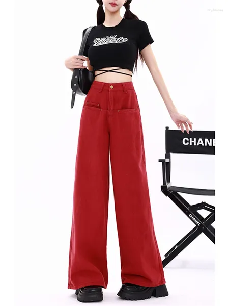 Damenjeans WCFCX STUDIO Kleidung Rot Vintage Casual Straight Self Cultivation Wide Leg Pants Hohe Taille Baggy Denim Hose