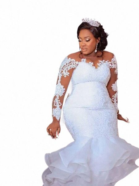 African Plus Size Mermaid Hochzeit DR Applikationen Sheer O-Ausschnitt Lg Sleeve Spitze Brautkleider Rüschen Nigeria Vestidos de Novia R8hV #