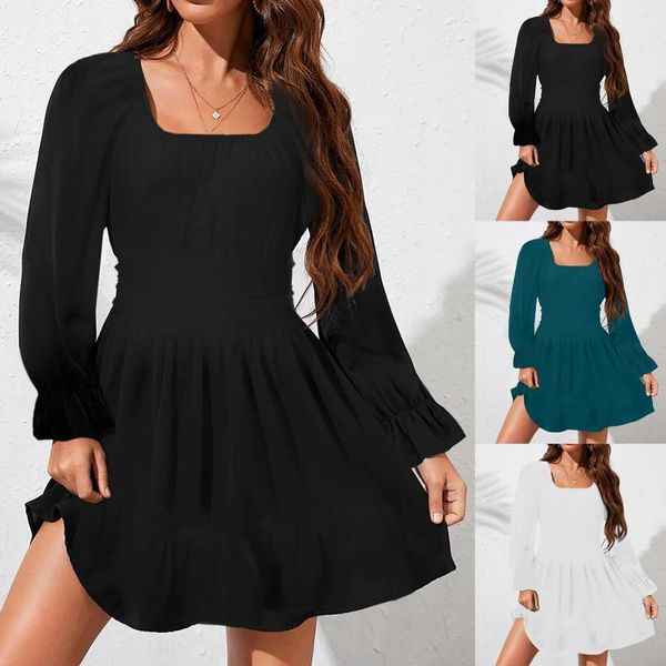 Casual Kleider 2024 Sommer Puff Sleeve Kleid Frauen Lange Square Neck Rüschen Backless Schlanke Mittlere Länge Chiffon Vestidos