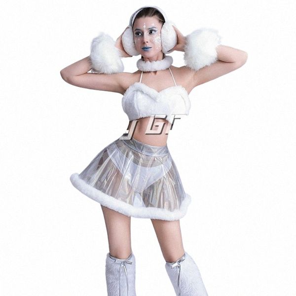Sexy Party Pole Dance Kleidung Weiß Pelz Top Perspektive Rock Frauen Leistung Gogo Dance Kostüme Ds Dj Rave Outfit XS7492 Y8wO #