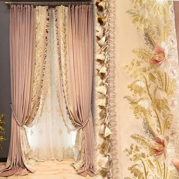 Cortinas transparentes com bordado de veludo rosa e costura espessada para sala de estar, quarto, villa, personalização de janela alta, cortinas transparentes 240321