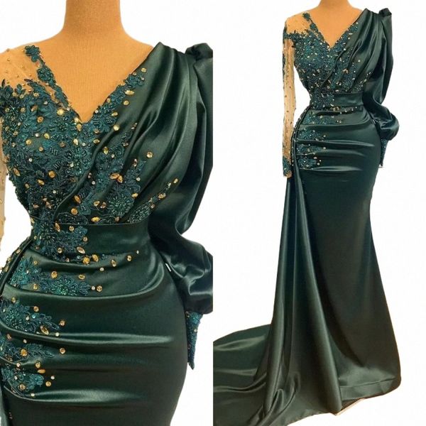 sexy scollo a V con pizzo manica lg in raso decalcomania in rilievo sirena verde ed elegante da sera da donna dr party dance formale ocn 97BZ #