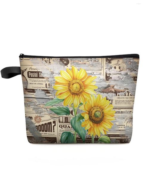 Borse per cosmetici Girasole Acquerello Venatura del legno Retro Spaper Pianta Borsa per trucco Custodia per donna Astuccio per riporre le matite