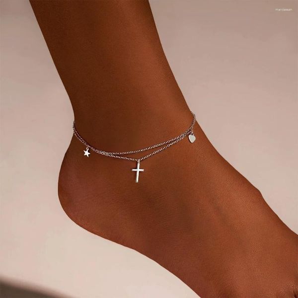 Ножные браслеты LENNIK, стерлингового серебра 925 пробы, в форме креста, глянцевый ножной браслет, регулируемый кулон в форме сердца с пентаграммой, летние пляжные ювелирные украшения