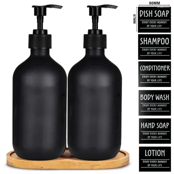 Dispenser di sapone liquido Schiuma da 500 ml Bottiglie di lozione nera opaca Shampoo balsamo con 1 vassoio 6 etichette Accessori per il bagno