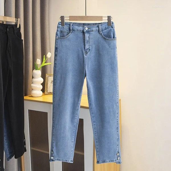 Jeans femininos plus size preto dreno para mulheres cintura alta botão perna abertura magro denim algodão tornozelo comprimento calças retas