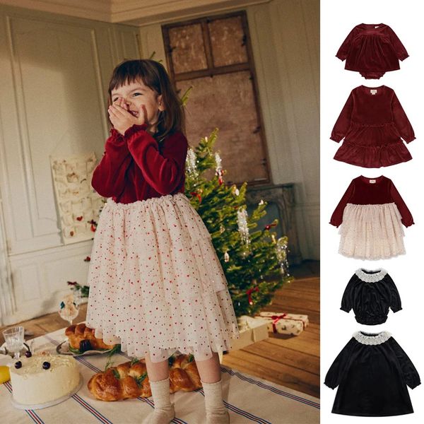 Abiti per ragazze per bambini 23 Inverno KS Abito in rete di velluto rosso vino Festa di Natale Principessa Pagliaccetti per bambini Set di vestiti 240325