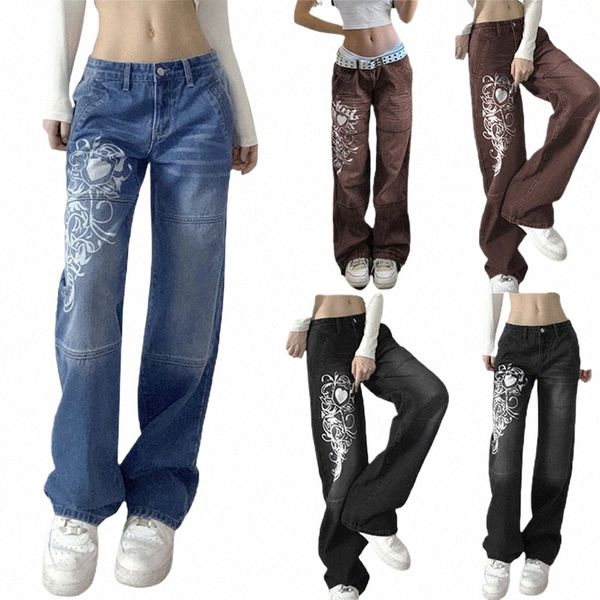 Jeans da donna a vita bassa Y2k con grafica grafica, pantaloni casual larghi, dritti, con fondo a campana, leggings bootcut, pantaloni larghi in denim, nuovi N6Fa #