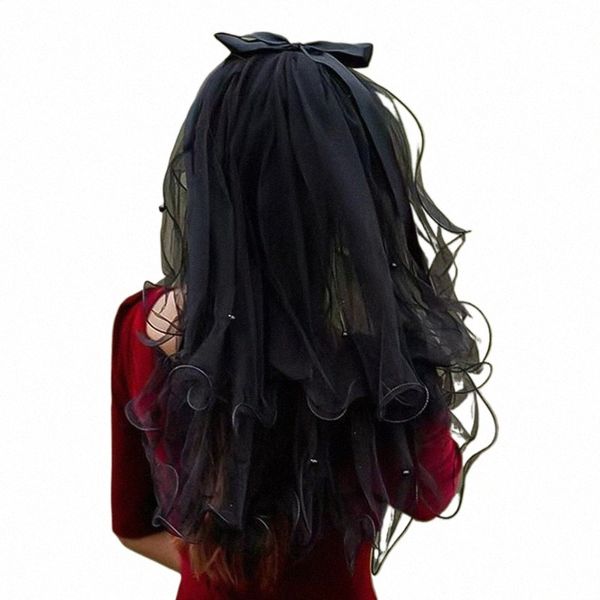 Schwarze Spitze Brautschleier mit Kamm Ribb Edge Kurze Brauthochzeitsschleier für Braut Cosplay Kostüm Haarzubehör U01E #