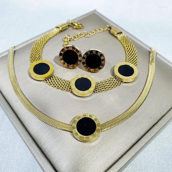 Collana di orecchini Set in acciaio inossidabile 316L con catena in osso di serpente, conchiglia nera, braccialetto digitale romano, eleganti gioielli da sposa di lusso