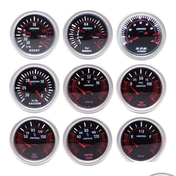 Boost-Messgeräte Cnspeed 2 52 mm Rauchlinsenanzeige Bar Psi Vakuum Wassertemperatur Ölpresse Voltmeter Kraftstoffstand Tachometer U/min Drop Lieferung Aut Otc4E