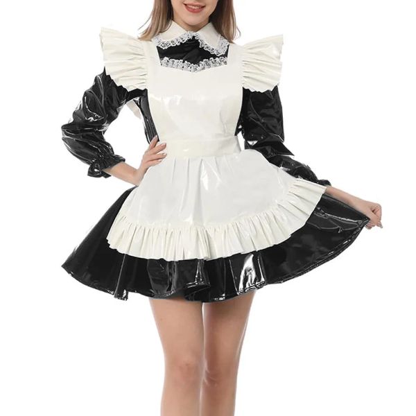 Peter pan yaka seksi mini hizmetçi elbise ile fırfır önlük tatlı kawaii parlak pvc deri sissy fetiş parti elbise sevimli cosplay kıyafetleri