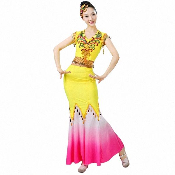 Dança Folclórica chinesa Dr Lantejoulas Traje de Dança do Ventre Peacock Dai Fish Tail Leotard Dancewear 4XL Q365 l1QX #