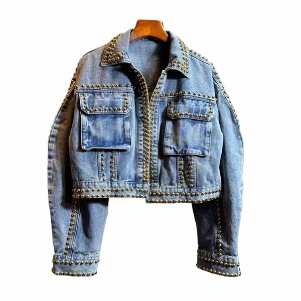 Trabalho pesado Rivet Denim Jacket Mulheres Curto Cardigan Casaco Primavera Outono Novo Coreano Solto Grande Bolso LG Manga Jeans Casaco Casaco H70d #