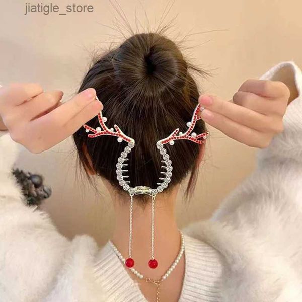 Grampos de cabelo 1/2/3 Pcs Elk Tassel Garras de Cabelo Coreia Bonito Strass Fecho de Cabelo Para Mulheres Rabo de Cavalo Grampo de Cabelo Temperamento Fivela de Cabelo Cocar Y240329