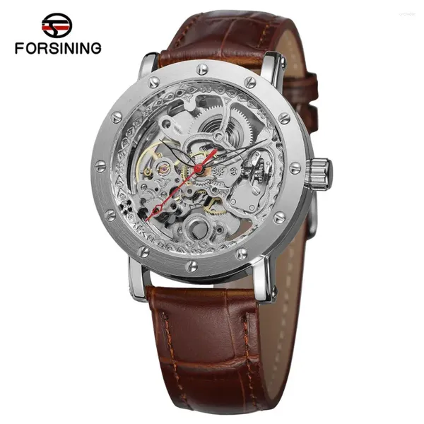 Relógios de pulso FORSINING Silver Mechanical Watch Hollow Out Red Finger Circular Brown Band